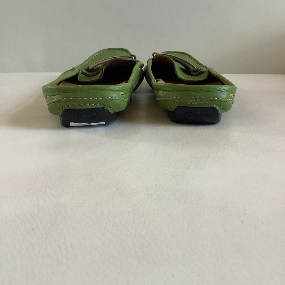 Prada Leather Pistachio Green Silver Plate Logo Mules SZ 6 - Picture 5 of 11